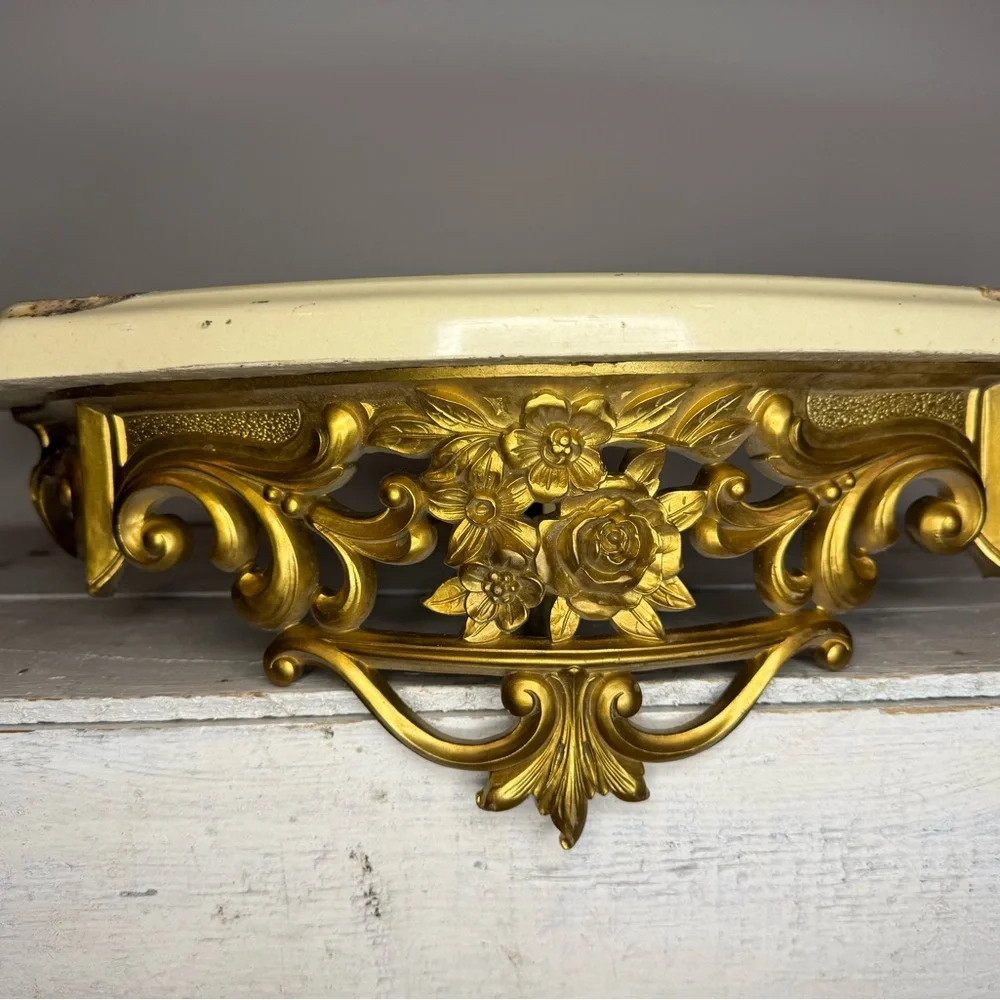 Vtg 1965s Gold Ornate Rose & Marble Wall Shelf Dart Syroco Hollywood Regency MCM